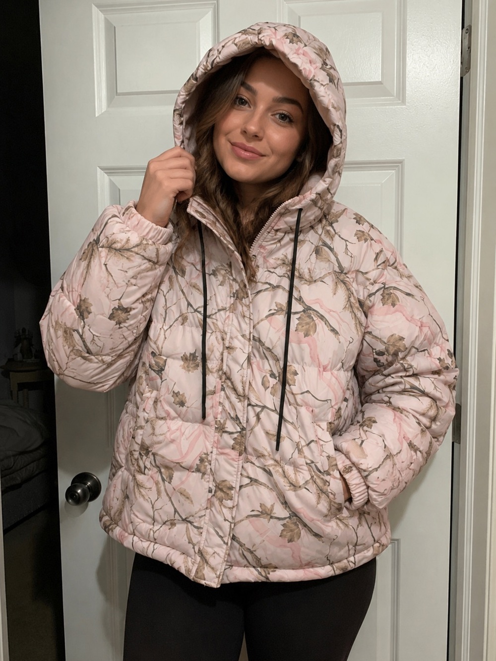 Fashion Nova Pink Camo Quilted Hooded Puffer Jacket